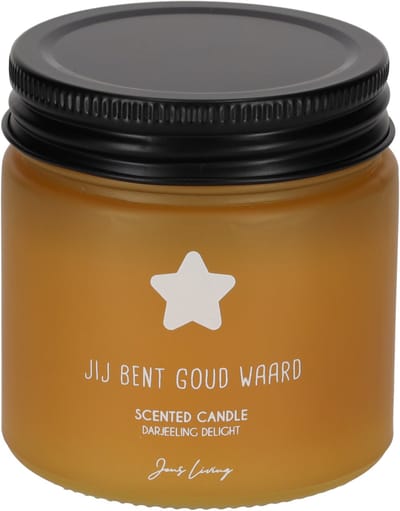 JENS Living - Geurkaars - JIJ BENT GOUD WAARD - Branduren: 15u - Geur: Darjeeling Delight - 7 x 7 x 8 cm