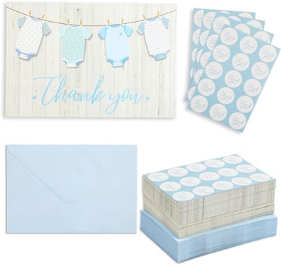 Dailygoody - Bedankkaarten babyshower - Bedankjes voor een jongen - Elegante set - 6 x 4 inch - 60 stuks - Inclusief enveloppen en stickers