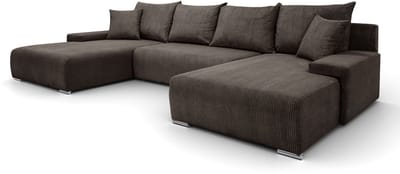 Hoekbank Lauren U-vorm, 348x188 cm met Slaapfunctie en Opbergbak, 5-zits, Opbergruimte voor Beddengoed, Grote bank, Hoekbank, Corduroy, Bruin