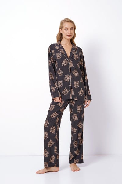 Dames pyjama set Taya-tijgerprint-oversized top met lange mouwen-losse broek-zwart-maat XXL