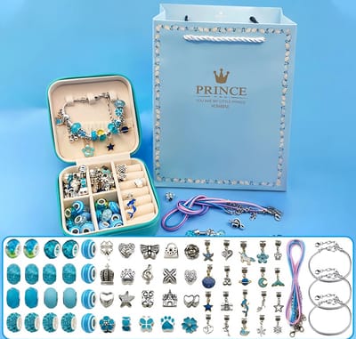 Loha-party®68 stuks Prince Bedelarmband Making Kit- Blauwe zeemeermin Thema Armbanden sieraden-compleet sieradendoos- zelf maken ketting-Bedelarmbandenset-Verjaardagscadeau-Meisjes Knutselsets-Meisjescadeaus voor 5-13 jaar Verjaardag,Kerstmis