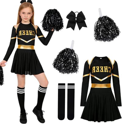 Meisjes Cheerleader Kostuum met Pompoms, Gestreepte Sokken en Hoofdband voor Carnaval en Themafeesten