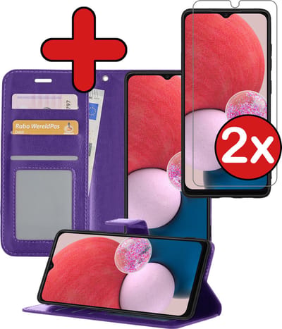 Hoesje - Met 2x Screenprotector - Geschikt voor Samsung Galaxy A13 4G - Luxe Pasjeshouder - Flip Case - Bookcase Portemonee - Kunstleer Book Case - Flipcase Hoes - Book Cover - Walletcase - Portemonneehoes - Telefoonhoes - Paars