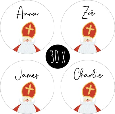 30x Sinterklaas Stickers / Naamstickers | rond | beschrijfbaar | sticker naam | 35 mm | SINT