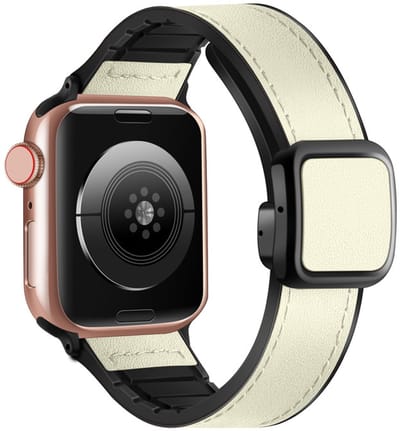 Hybride Leren bandje - geschikt voor Apple Watch 1/2/3/4/5/6/7/8/9/10/11/ SE (1,2,3) met maat 38 mm / 40 mm / 41 mm en 42 mm (Watch 10/11) - leer met siliconen - wit