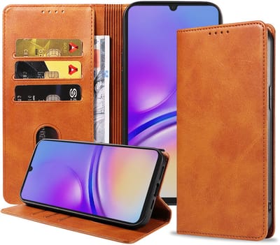 Smartphonica Telefoonhoesje Geschikt voor Samsung Galaxy A05 Kunstleer met Magnetische sluiting en Pasjeshouder Bookcase met Klepje - Bruin geschikt voor Samsung Galaxy A05