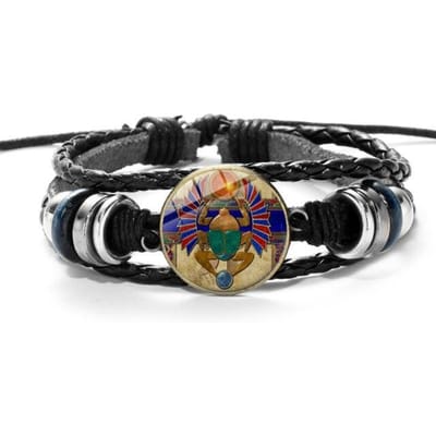 Bracelet vintage scarabée égyptien symbole de force Égypte antique punk bracelets en cuir noir tissé bracelets à boutons en verre black