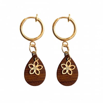 Klem oorbellen- hout- bloem- bruin- goudkleurig-geen gaatje-Charme Bijoux
