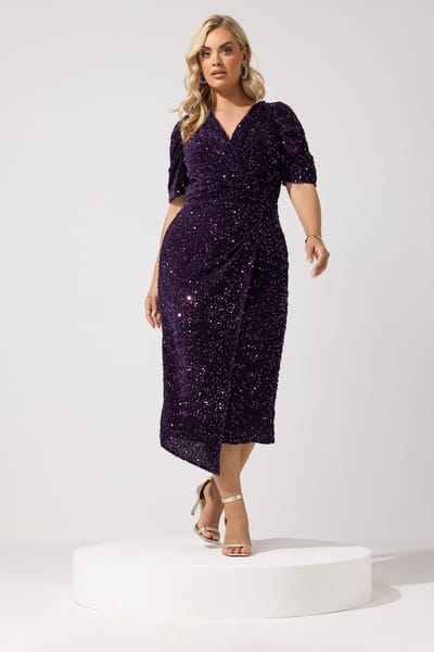 Yours London Paarse Fluwelen Maxiwikkeljurk Met Pailletten Size 42