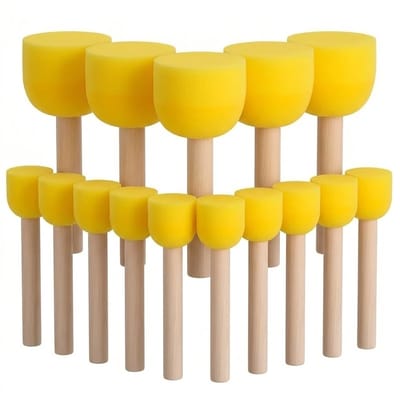 Geel verfsponzen set met houten handvat ronde spons kwasten 20 stuks in meerdere maten voor schilderen acryl verf knutselen en hobby gebruik