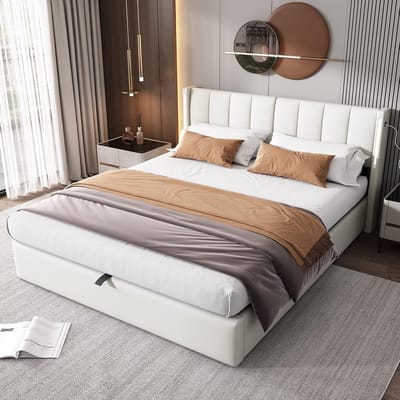 HYUB Gestoffeerd bed 140 x 200 cm met lattenbodem van metalen frame, boxspringbed met opbergruimte, hydraulisch tweepersoonsbed met in hoogte verstelbaar hoofdeinde, PU-leer, wit (zonder matras)