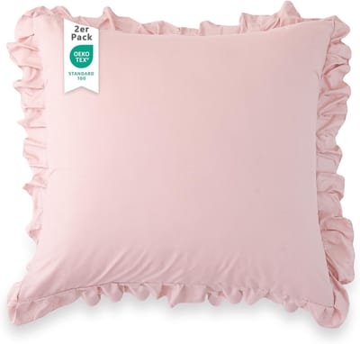 Famanu – Kussensloop 40 x 40 cm - set van 2 kussenslopen met ruches - gecertificeerd - kussenovertrek - zacht en hypoallergeen - met hotelsluiting - roze