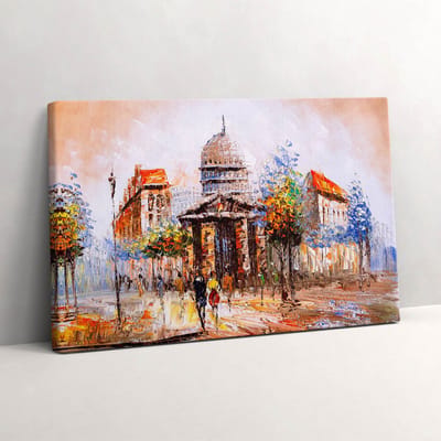 Wallfluent Foto Op Canvas Schilderen - artistieke chaos, kleurrijke stad - 30 x 20 cm - Oranje Schilderij Canvas - Gebouwen Canvas Foto - Imitatie van een olieverfschilderij Print Op Doek - Gebouwen Schilderijen Op Canvas Doek