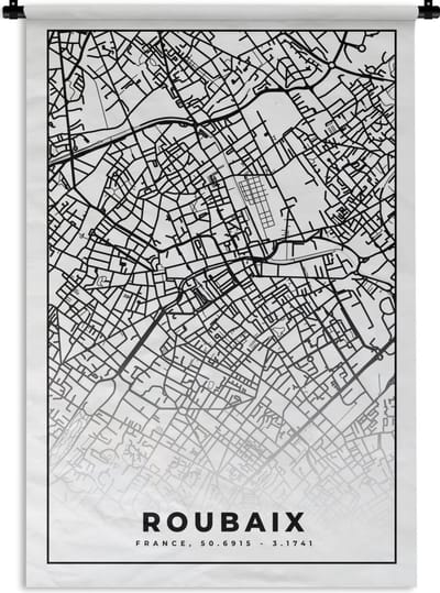 Wandkleed - Wanddoek - Kaart - Roubaix - Stadskaart - Frankrijk - Plattegrond - Zwart wit - 120x180 cm - Wandtapijt