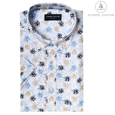 Chris Cayne heren overhemd - korte mouw - M - borstzak - offwhite/zand/blauw - geprint dessin - 100 % Katoen - borstzak
