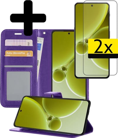 Hoesje - Met 2x Screenprotector - Geschikt voor OnePlus Nord 3 - Luxe Pasjeshouder - Bookcase Portemonee - Flip Case - Kunstleer Book Case - Flipcase Hoes - Book Cover - Walletcase - Portemonneehoes - Telefoonhoesjes - Paars