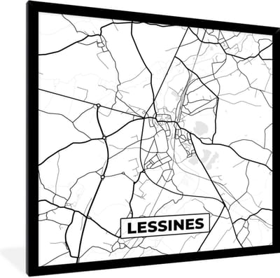 Fotolijst incl. Poster Zwart Wit- Stadskaart – Zwart Wit - Kaart – Lessines – België – Plattegrond - 40x40 cm - Posterlijst