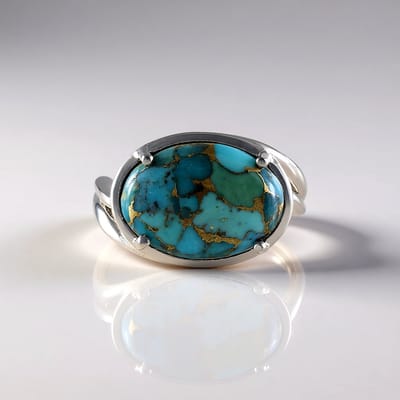 Cavill - Zilveren Ring - 925 Sterling Zilver Geplatineerd - Blauwe Koper Turkoois Ovaal Cabochon 5.952 ct - Elegant Design Maat 17