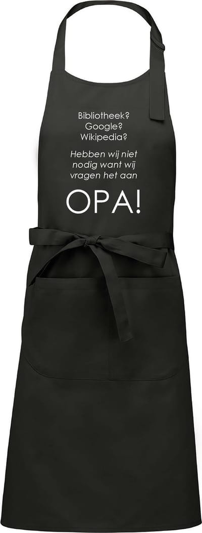 Mijncadeautje Schort - Wij vragen het aan OPA - opdruk wit - mooie en exclusieve keukenschort - grijs