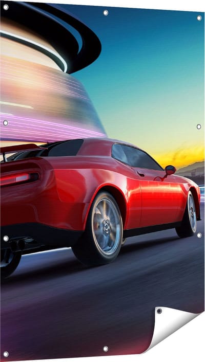 Gards Tuinposter Rode Sportwagen Auto in de Stad - 80x120 cm - Tuindoek - Tuindecoratie - Wanddecoratie buiten - Tuinschilderij