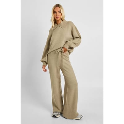 boohoo Dames Chunky Knit Kraagdetail Oversized Gebreide Trui en Broek met Wijde Pijpen Co-Ord | Taupe | Maat: Small