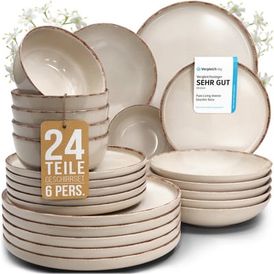Pure Living Rustic Serviesset - Beige - 24-Delig Voor 6 Personen - Massief Aardewerk - Landelijk Design - Magnetron & Vaatwasserbestendig