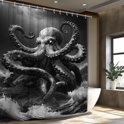 Zwart-Wit Kunst Stormzee Verschrikkelijke Octopus Douchegordijn Fantasie Badkamer Decoratie, Met 12 Haken, Douchegordijn W180H240(CM)-1 Pcs