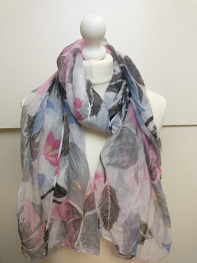 Lange dames sjaal Mira-gebloemd motief bladerenmotief-grijs wit roze zwart fuchsia blauw geel