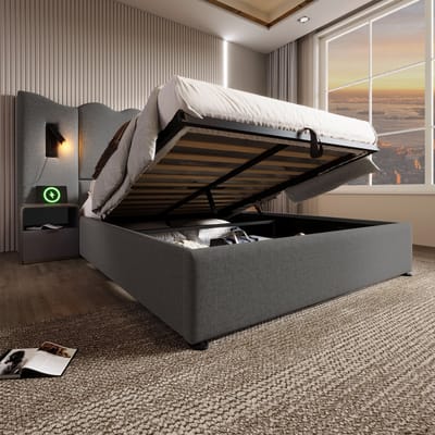 Wishdor Opbergbed 160x200 cm – Golvend Hoofdbord & Leeslamp – USB/Type-C & Hydraulische Lift – Linnen Grijs – Handige Opberger met Leeslamp