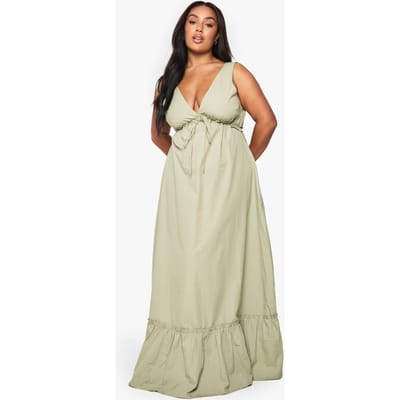 boohoo Dames Plus Katoenen Popeline Maxi-Jurk met Ruche en Strikdetail | Verstandig | Maat: 46
