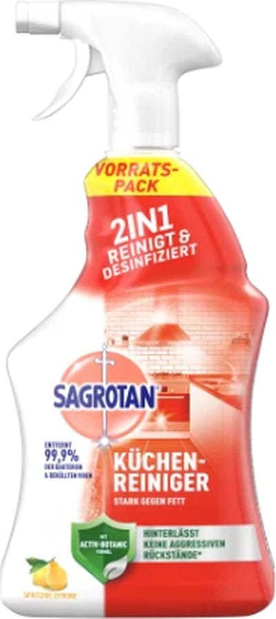 SAGROTAN Keukenreiniger - 1 liter | 2-in-1 Keukenreiniger met Desinfectiemiddel - Citroengeur - Sterk tegen vet, vuil en kalk - Plantaardig actieve ingrediënten