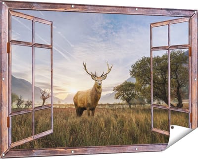 Gards Tuinposter Doorkijk Hert in het Landschap - 150x100 cm - Tuindoek - Tuindecoratie - Wanddecoratie buiten - Tuinschilderij