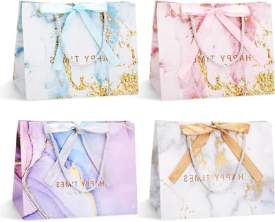 Set van 4 Papieren Cadeauzakken met Handvat en Ribbons, Marmer Design, 25 x 20 x 12 cm, Perfect voor Feestjes, Verjaardagen en Trouwerijen