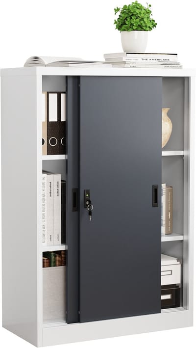 VCM Metall Büroschrank H. 120 x B. 80 x T. 40 cm / Aktenschrank Büromöbel für Ordner / Stahlschrank abschließbar / Schiebetürenschrank Malivo 3 fach mit Schiebetüren