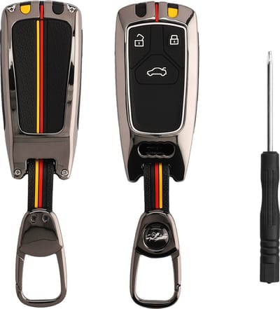 kwmobile Sleutelhoesje geschikt voor Audi 3-knops Smartkey autosleutel (alleen Keyless Go) - Autosleutel hoesje met metalen frame en silicone hoesje - zwart / geel / wit