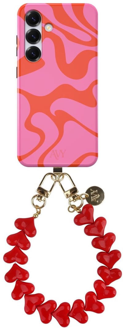AVY Hoesje Met Telefoonkoord | Geschikt voor Samsung Galaxy S25 | Compatibel met MagSafe | Hard Shell Back Cover | Stijlvol Bijpassend Koord 30CM | Rose Hearts | Roze