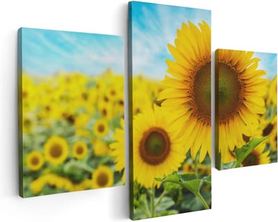 Artaza Canvas Schilderij Drieluik Zonnebloemen Veld  - 90x60 - Foto Op Canvas - Canvas Print