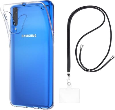 Set met hoesje en nekband voor Samsung Galaxy a70 - Flexibele, transparante TPU-bescherming, verstelbare universele nekband voor mobiele telefoons, zwarte nekband, transparante draagriem van Phonillico®