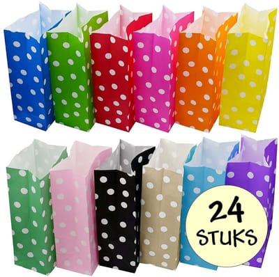 24x Gekleurde Uitdeelzakjes Met Stippen - 13x8x24cm - Stevig Papier - Traktatie Zakjes - Papieren Zakjes - Cadeau Zakjes - Polka Dots - Met Blokbodem - Mix - 24 Stuks