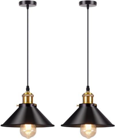 2 Stuks Hanglamp Industriële E27 Kroonluchter Slaapkamer 26cm Plafondlamp voor Woonkamer Zwart