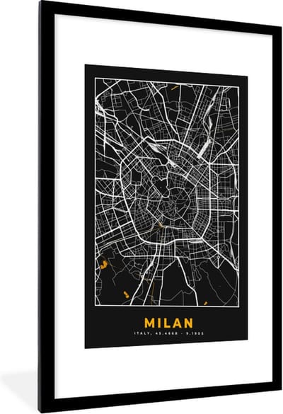 Fotolijst incl. Poster - Kaart - Milaan - Plattegrond - Goud - Stadskaart - 60x90 cm - Posterlijst
