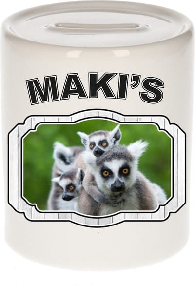 Dieren liefhebber maki spaarpot 9 cm jongens en meisjes - keramiek - Cadeau spaarpotten maki apen / ringstaartmaki liefhebber