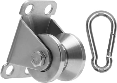 Katrol van roestvrij staal met 2 kogellagers, 32 mm V-kabelrol voor 10 mm staalkabel, set met 304 roestvrij stalen karabijnhaak, flessenrolgordijn 250 kg, voor fitness, doe-het-zelvers, werkplaats