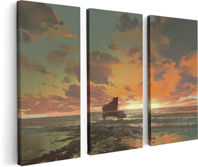 Artaza Canvas Schilderij Drieluik Piano op het Strand bij Zonsondergang - 120x80 - Foto Op Canvas - Canvas Print
