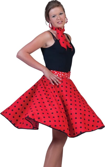 Verkleedpak rok en sjaal rood (met zwarte stippen) Rock 'N Roll Skirt Red Onesize