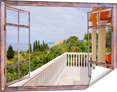 Gards Tuinposter Doorkijk Terras in Toscane - 90x60 cm - Tuindoek - Tuindecoratie - Wanddecoratie buiten - Tuinschilderij