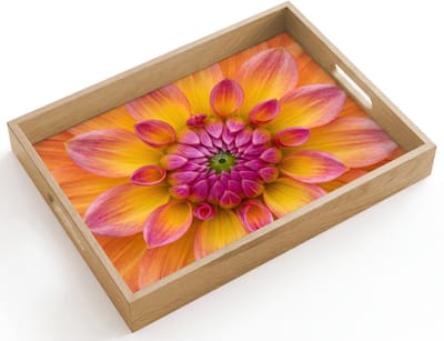 Dienblad hout 40x30 cm - Schootdienblad - Dahlia - Bloem - Oranje - Borrelplank rechthoek - Plateau dienbladen