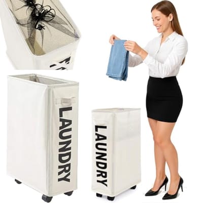Ruimtebesparende Wasmand met Handvat en Wielen, Opvouwbare Laadmand voor Vuile Was, Ideaal voor Smalle Ruimtes, 39 x 20 x 56 cm (Beige)