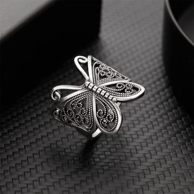 Retro Boho Vlinderring Voor Vrouwen Mode Zilverkleurig Uil Engelenvleugel Kat Dier Onregelmatige Openingsringen Vintage Sieraden Cadeau black