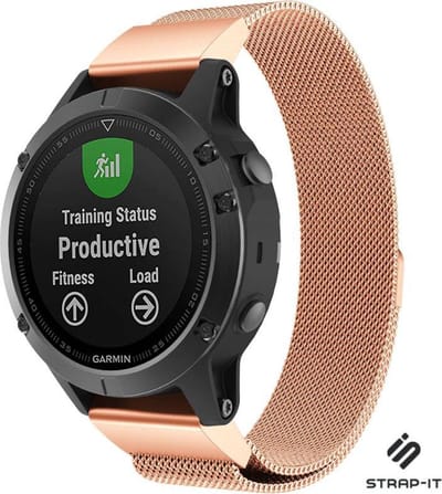 Strap-it Milanese bandje RVS geschikt voor Garmin Fenix 5 (Plus) - Fenix 6 (Pro) - Fenix 7 (Pro - Sapphire - Solar) - Fenix E - Fenix 8 47mm - Epix Gen 2 47mm - Quatix 5-6-7 - Quickfit 22mm band voor Garmin smartwatches - Horlogeband - rosegold